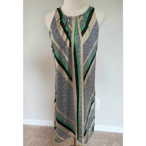 Dana Buchman Dress Sz XS Black Green Geometric Lined Pleats Exposed Zipper Shift